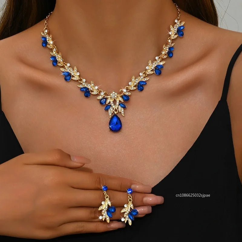 3-Piece Sparkling Leaf Jewelry Set - Water Drop Necklace & Earrings