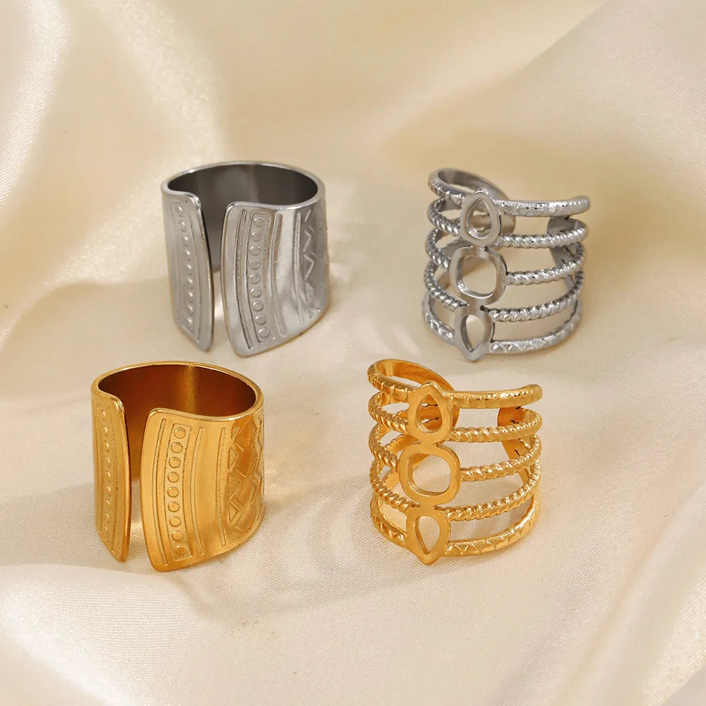 Stainless Steel Wide Geometric Ring - Punk Style Wedding Band