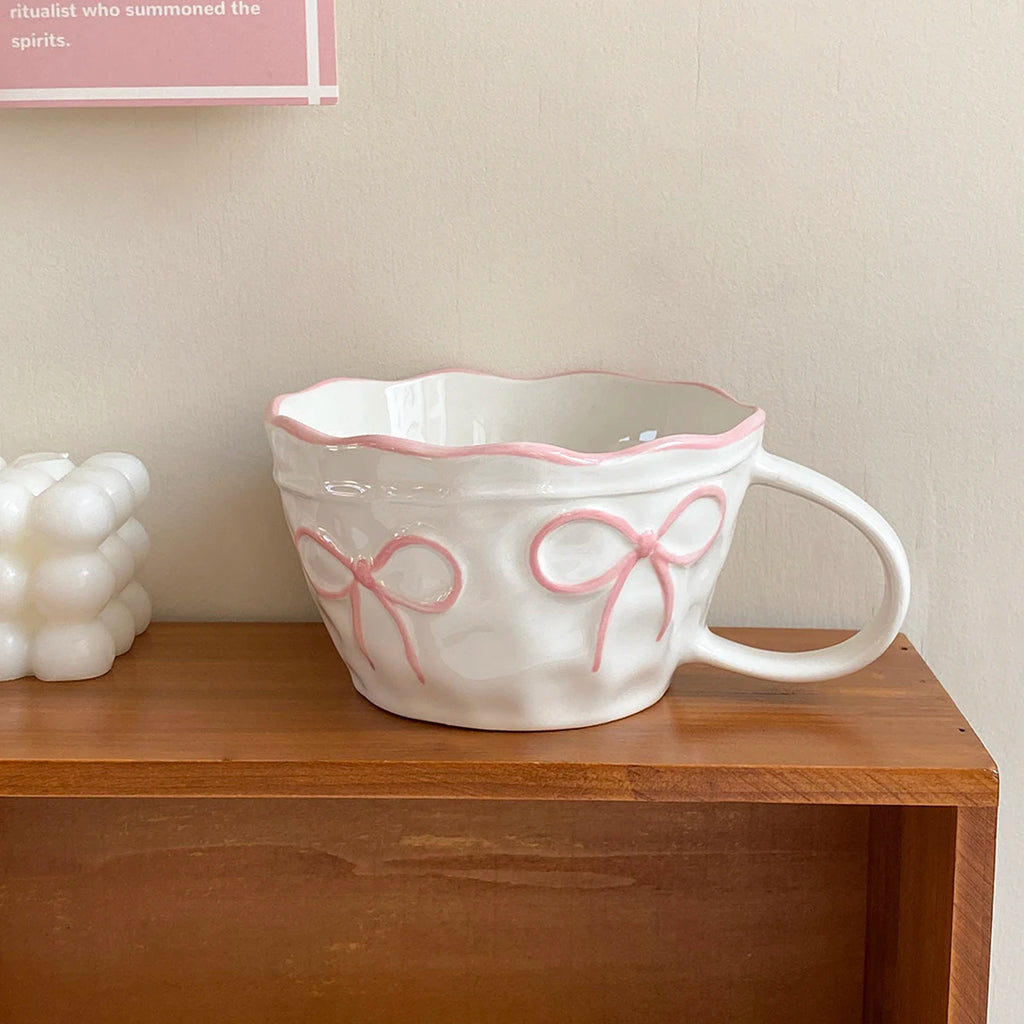 1Pc Bow Ceramic Mug, Exquisite and Simple Bow Large Capacity Couple Cup, Suitable for Home Decoration, Home Drinking Water, Candlelight Dinner, Coffee Latte Flower Cup, Holiday Gift, Exquisite Gift