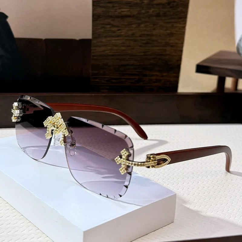 Vintage Rimless Square Cutting Lens Sunglasses Women For Men Luxury Brand Designer Popular Punk Fashion Diamond Cross Sun Glass