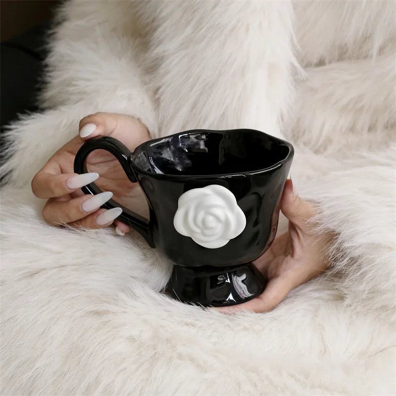 Camellia Embossed French Household Creative Breakfast Milk Cup, Ceramic Mug, Office Coffee Cup, Retro Mugs with Handle