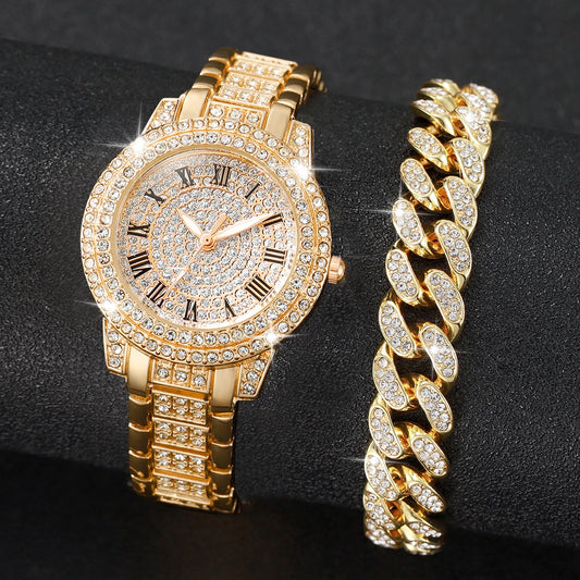 2PCS Women's Watch Fashion Diamond Gold Watch Ladies Wrist Watches Luxury Rhinestone Womens Bracelet Watches Relogio Feminino