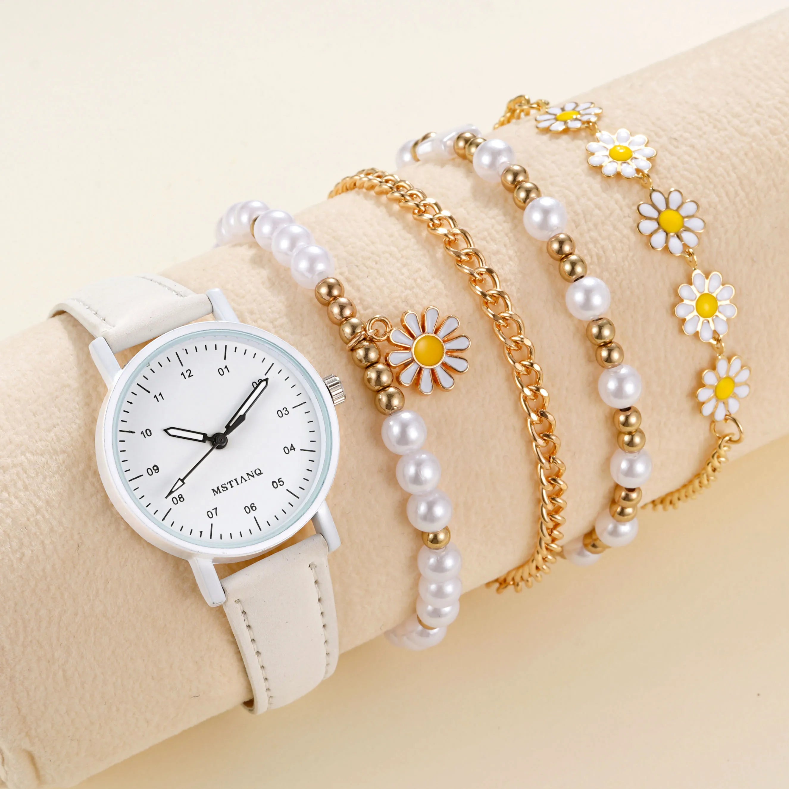 Girls Bracelet Watch Set - 5pcs Pentagram Daisy Pearl Jewelry