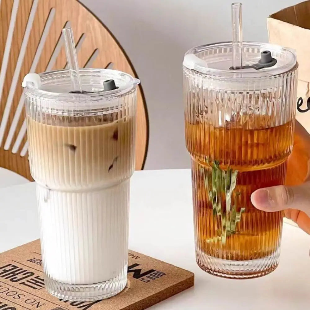 600ml Vertical Striped Glass Coffee Mug with Lid and Straw, Transparent Tea Mug for Americano, Cappuccino, Tea and Drinks