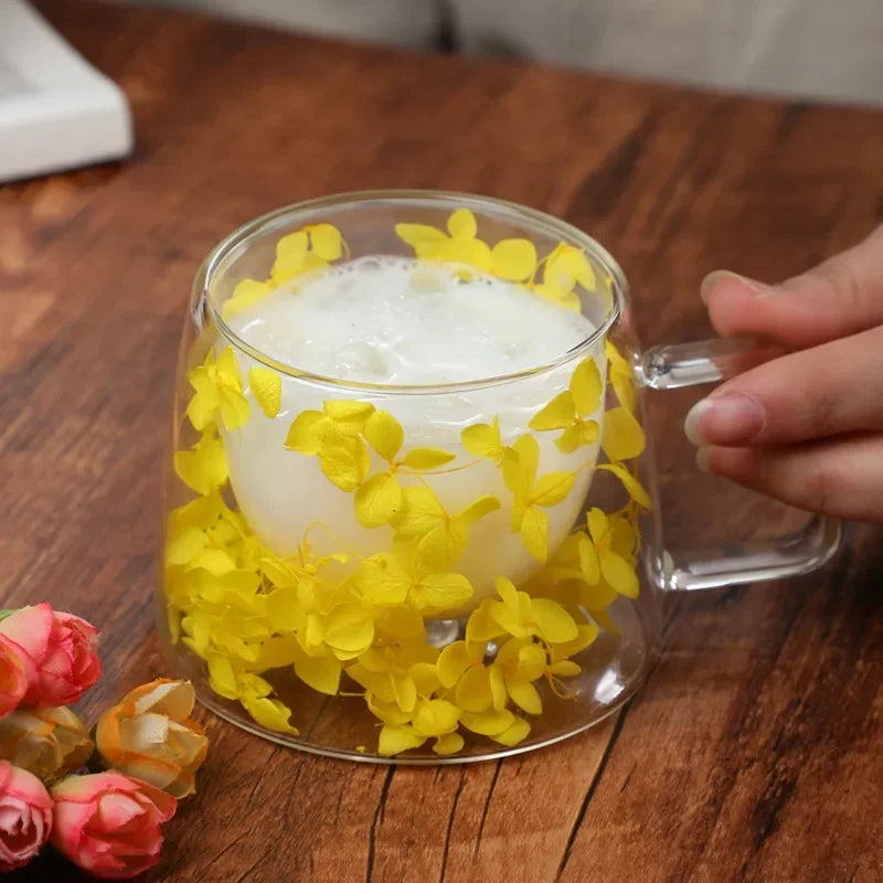 Double Wall Glass Cup 200ml Clear Flowers Pattern Milk Tea Coffee Mug with Handle Gifts Friends Home Water Cup Drinking Glasses
