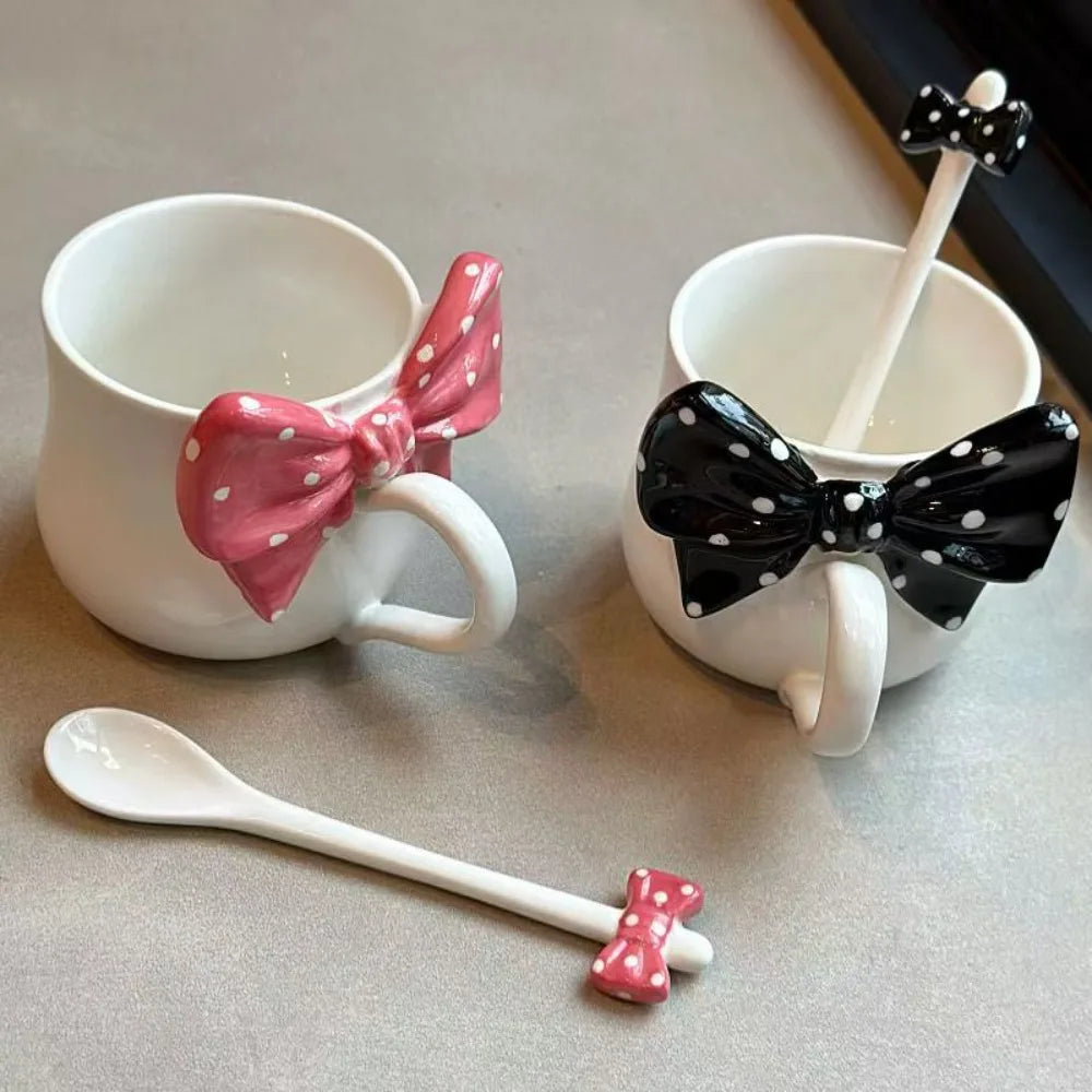 Bowtie Pink Coffee Cup Korean High Beauty Girl Heart Ceramic Mug with Spoon Girl School Home Breakfast Cup Drinkware