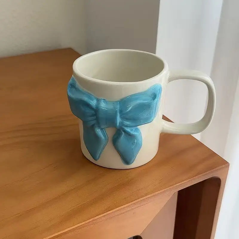 Bowtie Pink Coffee Cup Korean High Beauty Girl Heart Ceramic Mug with Spoon Girl School Home Breakfast Cup Drinkware
