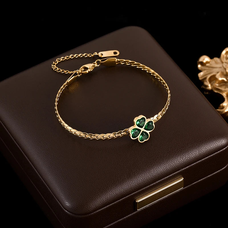 316L Stainless Steel Green Crystal Clover Jewelry Set - Waterproof