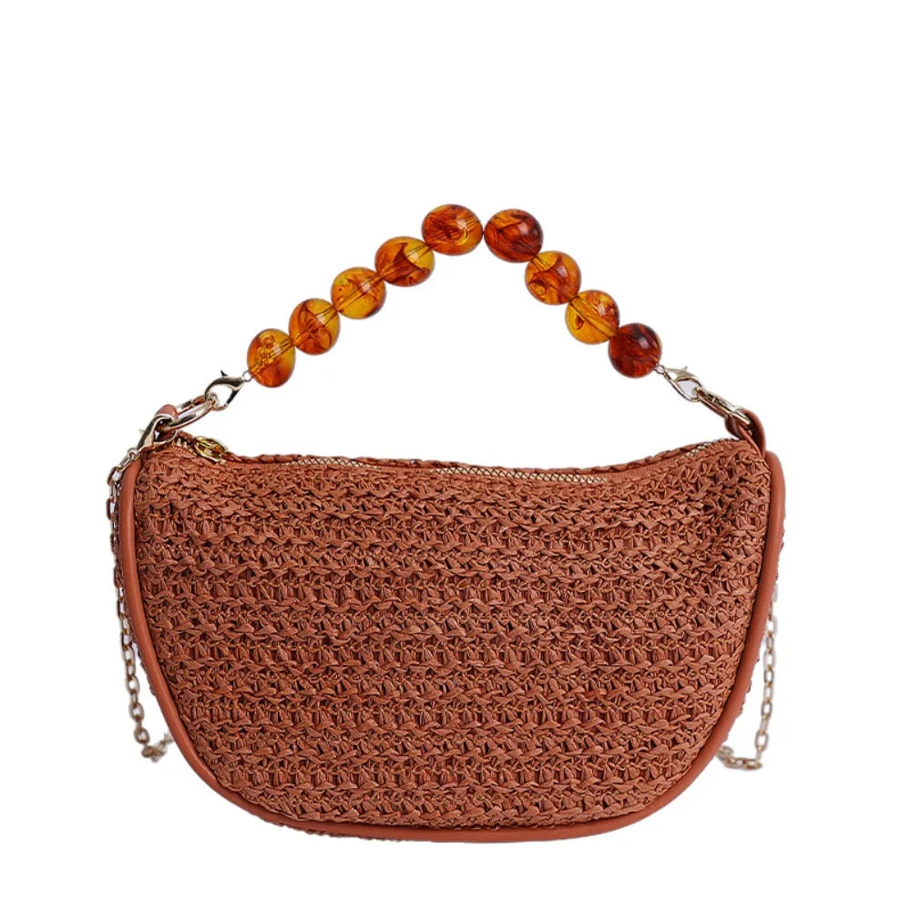 Leisure Large Capacity Grass Weave Handbag Fashion Beads Handle Straw Bag Simple Vacation Style Metal Chain Crossbody Bag Girls
