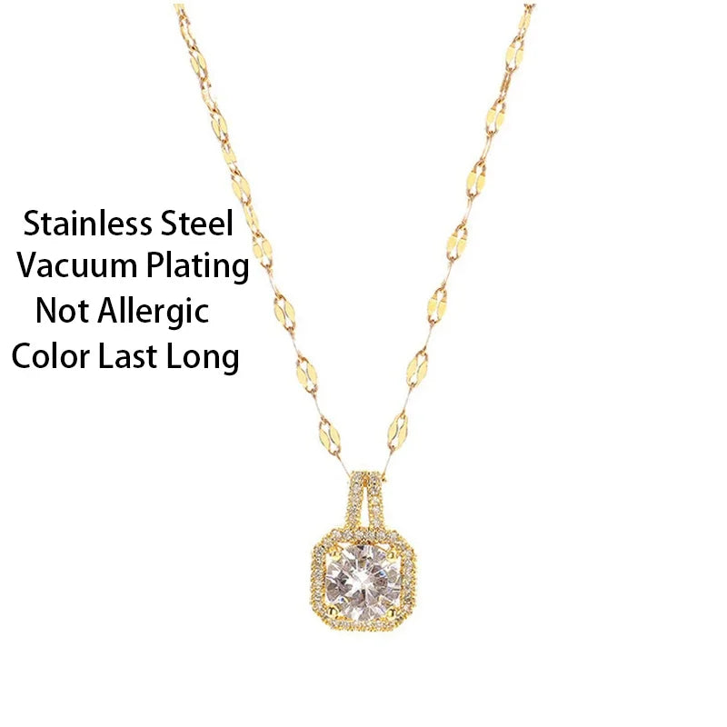 Korean Style Fashion Square Zircon Stainless Steel Necklaces For Women Luxury Elegant Female Clavicle Chain Jewelry Wholesale