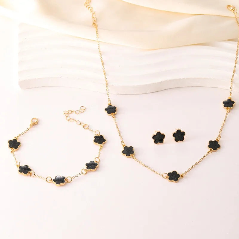 3-Piece Lucky Five-Petal Flower Jewelry Set - Necklace Bracelet Earrings