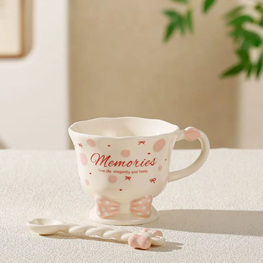 Bowtie Pink Coffee Cup Korean High Beauty Girl Heart Ceramic Mug with Spoon Girl School Home Breakfast Cup Drinkware