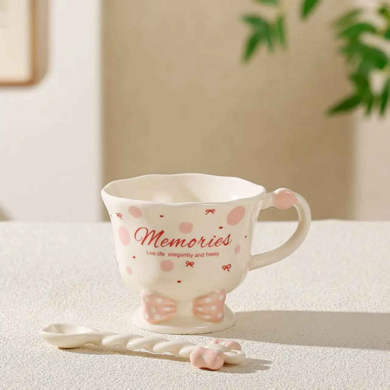 Bowtie Pink Coffee Cup Korean High Beauty Girl Heart Ceramic Mug with Spoon Girl School Home Breakfast Cup Drinkware