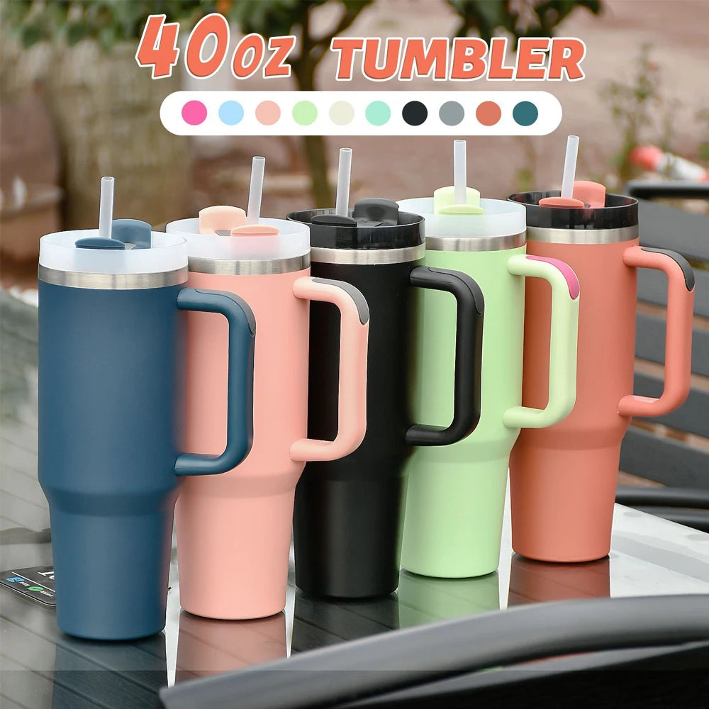40oz Stainless Steel Tumbler with Handle & Straw - Vacuum Insulated Travel Mug