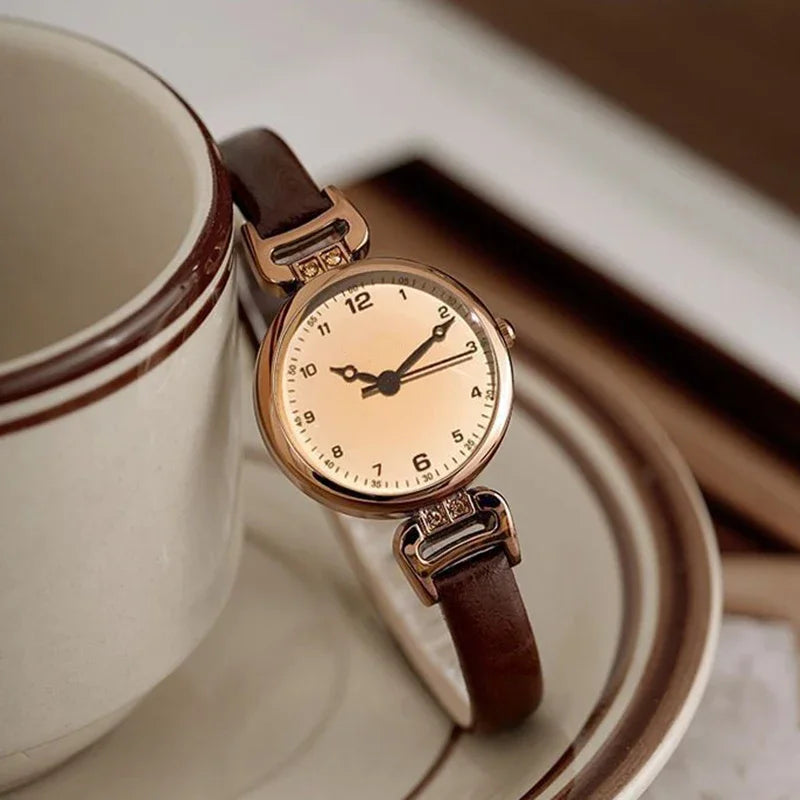 Simple Women's Bracelet Watch - Small Round PU Leather Retro