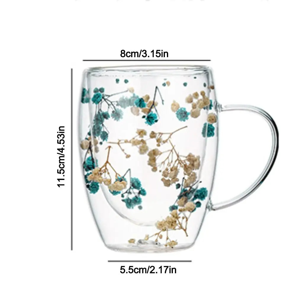 Double Wall Glass Mug with Dried Flowers - 350ml Decorative Coffee Cup