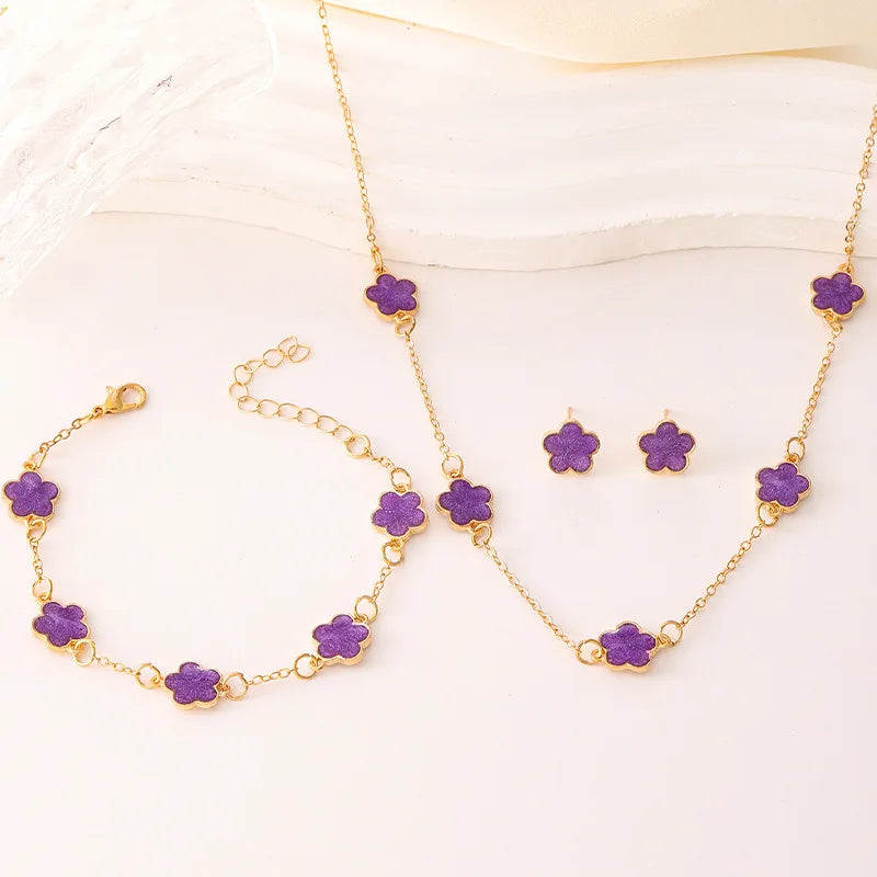 3-Piece Lucky Five-Petal Flower Jewelry Set - Necklace Bracelet Earrings