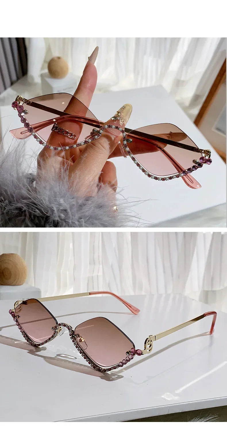 Diamond Vintage Brand Designer rhombus Sunglasses Women For Female Luxury Sun Glasses Punk Popular Half Frame Rhinestone Eyewear