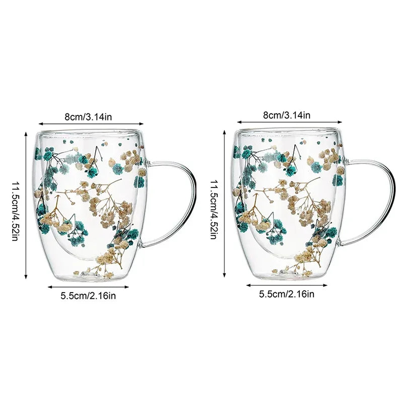 Double Wall Glass Coffee Cup 350ml - Heat Resistant with Dried Flowers