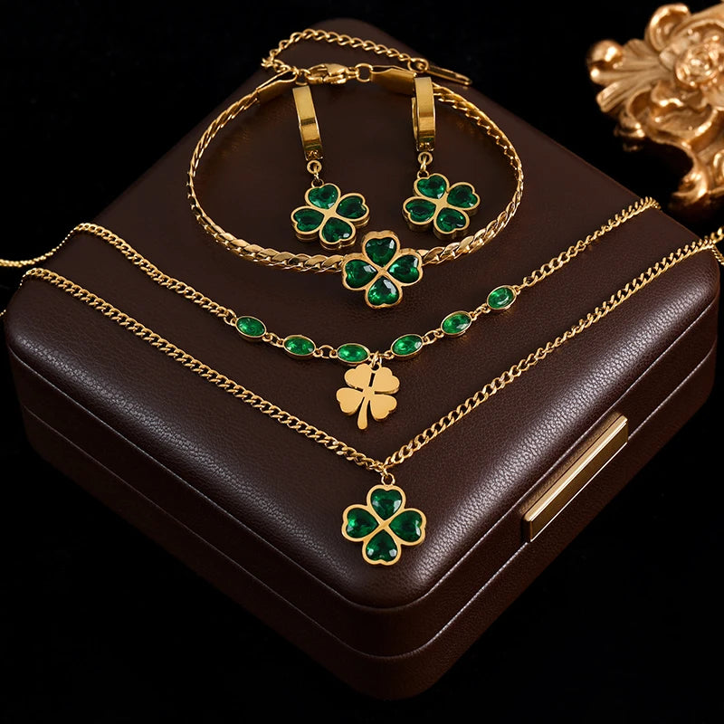 316L Stainless Steel Green Crystal Clover Jewelry Set - Waterproof