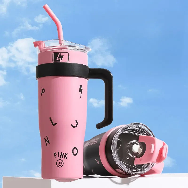 LUSQI 1200ml Water Bottle Stainless Steel With Handle&Straw Thermos Bottle For Coffee Tea