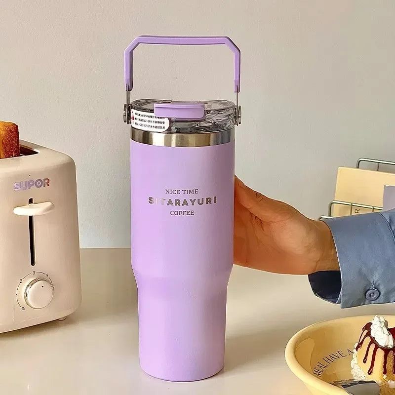 20oz Large Capacity Thermal Bottle for Girls Women Vacuum Insulation Cold Water Cup Portable Double Drink Straw Car Coffee Mug
