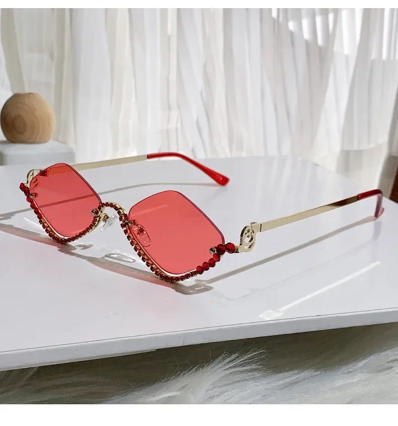 Diamond Vintage Brand Designer rhombus Sunglasses Women For Female Luxury Sun Glasses Punk Popular Half Frame Rhinestone Eyewear