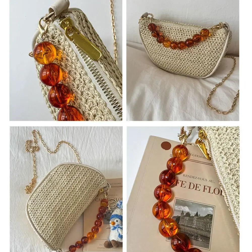 Leisure Large Capacity Grass Weave Handbag Fashion Beads Handle Straw Bag Simple Vacation Style Metal Chain Crossbody Bag Girls