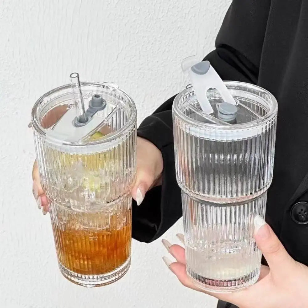 600ml Vertical Striped Glass Coffee Mug with Lid and Straw, Transparent Tea Mug for Americano, Cappuccino, Tea and Drinks