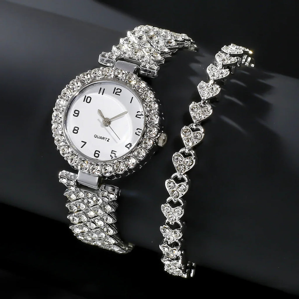 Luxury Women Watch Set - Silver Strap Quartz with Bracelet Gift