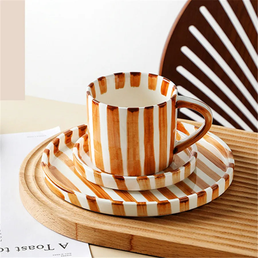 Minimalist Striped Ceramic Cup & Plate Set - 280ml Coffee Tea Set