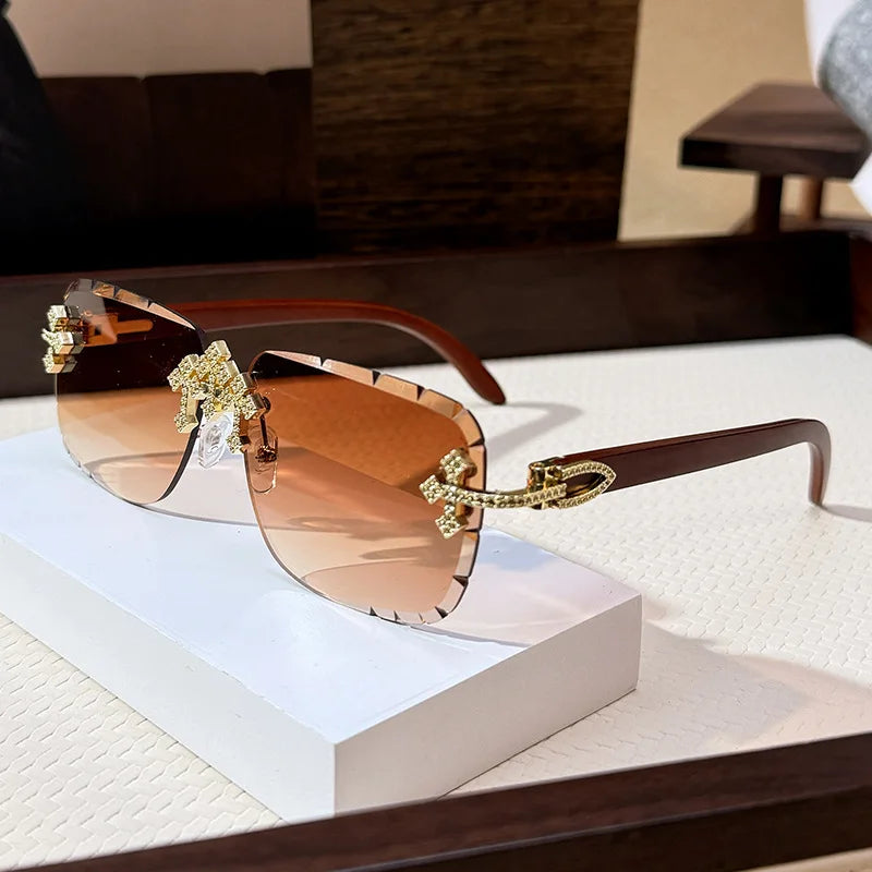 Vintage Rimless Square Cutting Lens Sunglasses Women For Men Luxury Brand Designer Popular Punk Fashion Diamond Cross Sun Glass