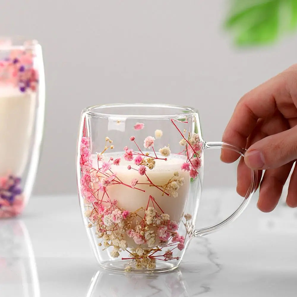 Double Wall Glass Mug with Dried Flowers - 350ml Decorative Coffee Cup