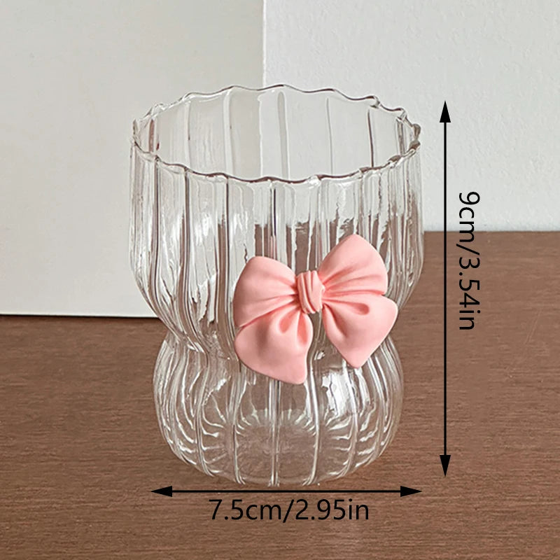 Cute Pink Bow Glass Water Cup - Cartoon Striped Coffee Mug