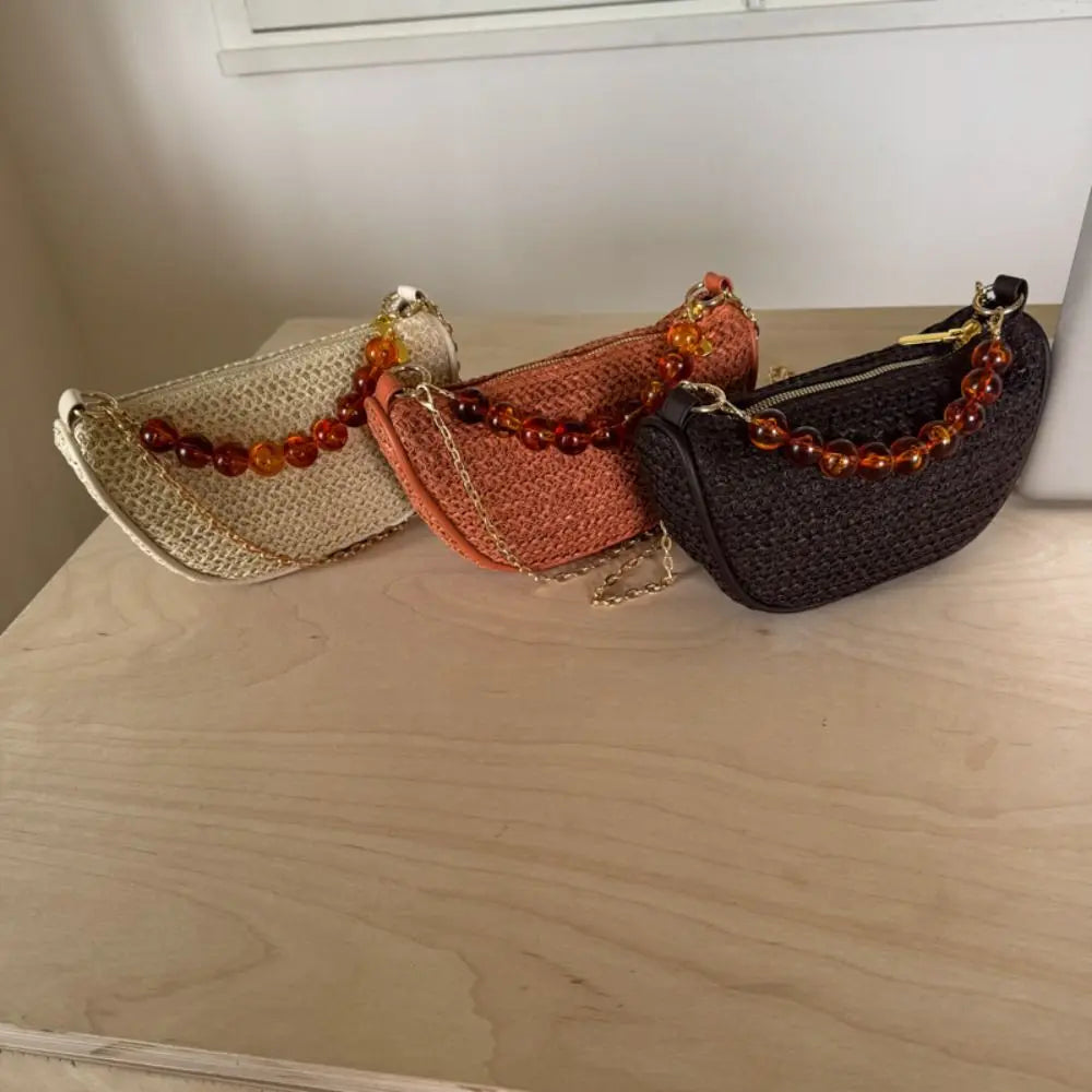 Leisure Large Capacity Grass Weave Handbag Fashion Beads Handle Straw Bag Simple Vacation Style Metal Chain Crossbody Bag Girls