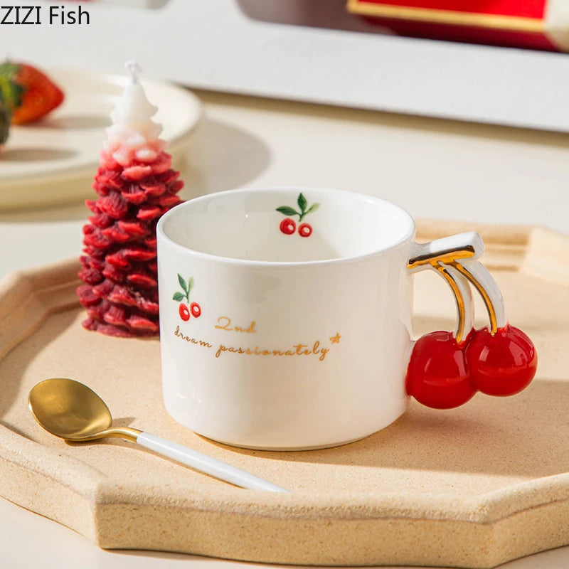 Cherry Printed Pattern Mugs Gilding Edge Porcelain Cup Tableware Coffee Mug Dining Table Afternoon Tea Teacup Fruits Juice Cup