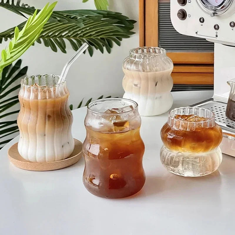 Ins Glass Cup Heat-resistant Tumbler Drinkware Transparent Tea Juice Milk Coffee Mug Home Water Glasses Stripe Mug 410/530ml
