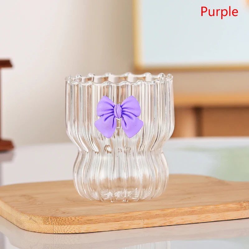 Cute Pink Bow Glass Water Cup - Cartoon Striped Coffee Mug