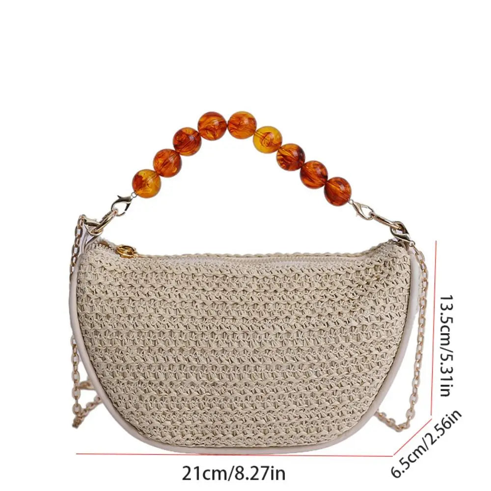 Leisure Large Capacity Grass Weave Handbag Fashion Beads Handle Straw Bag Simple Vacation Style Metal Chain Crossbody Bag Girls