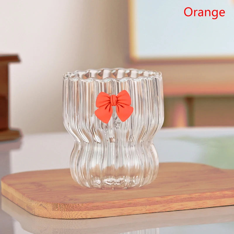 Cute Pink Bow Glass Water Cup - Cartoon Striped Coffee Mug