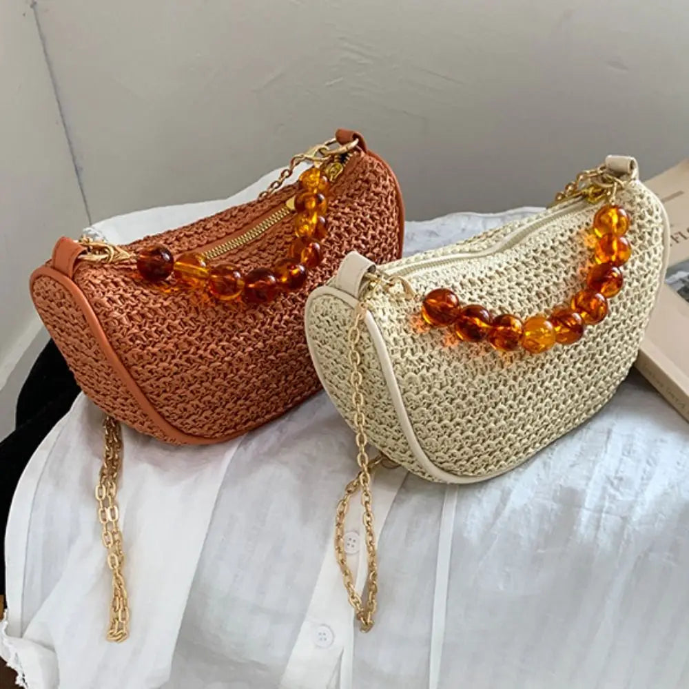 Leisure Large Capacity Grass Weave Handbag Fashion Beads Handle Straw Bag Simple Vacation Style Metal Chain Crossbody Bag Girls
