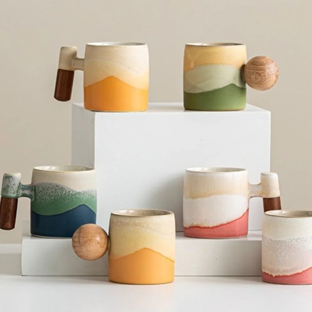 Creative Ceramic Coffee Mug Wood Handle Microwave Dishwasher Safe Coffee Cup Handmade 70ML Porcelain Mug Milk Cocoa Hot Tea