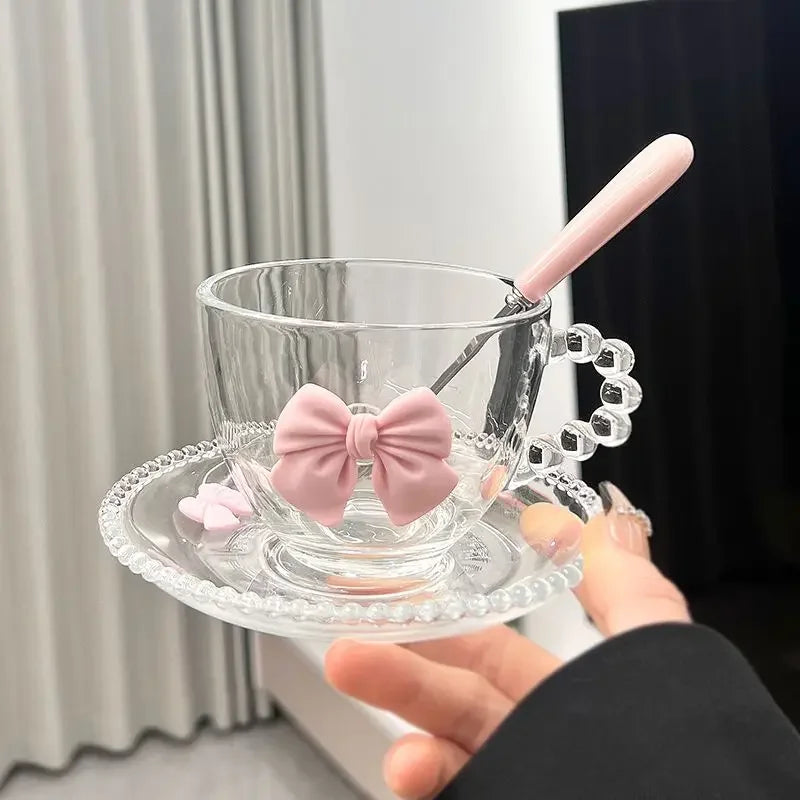 Bow Shaped Glass Cup Niche Design Ins Handle Mug High Aesthetic Water Cup Home Coffee Cup and Plate Set Drinkware