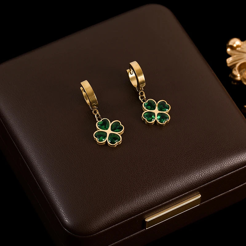 316L Stainless Steel Green Crystal Clover Jewelry Set - Waterproof