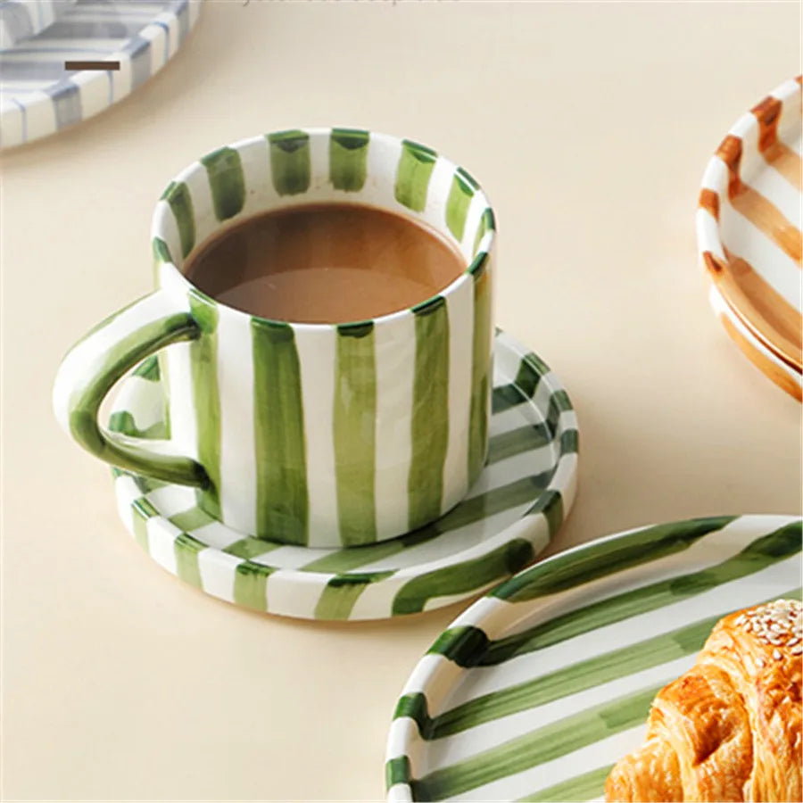 Minimalist Striped Ceramic Cup & Plate Set - 280ml Coffee Tea Set