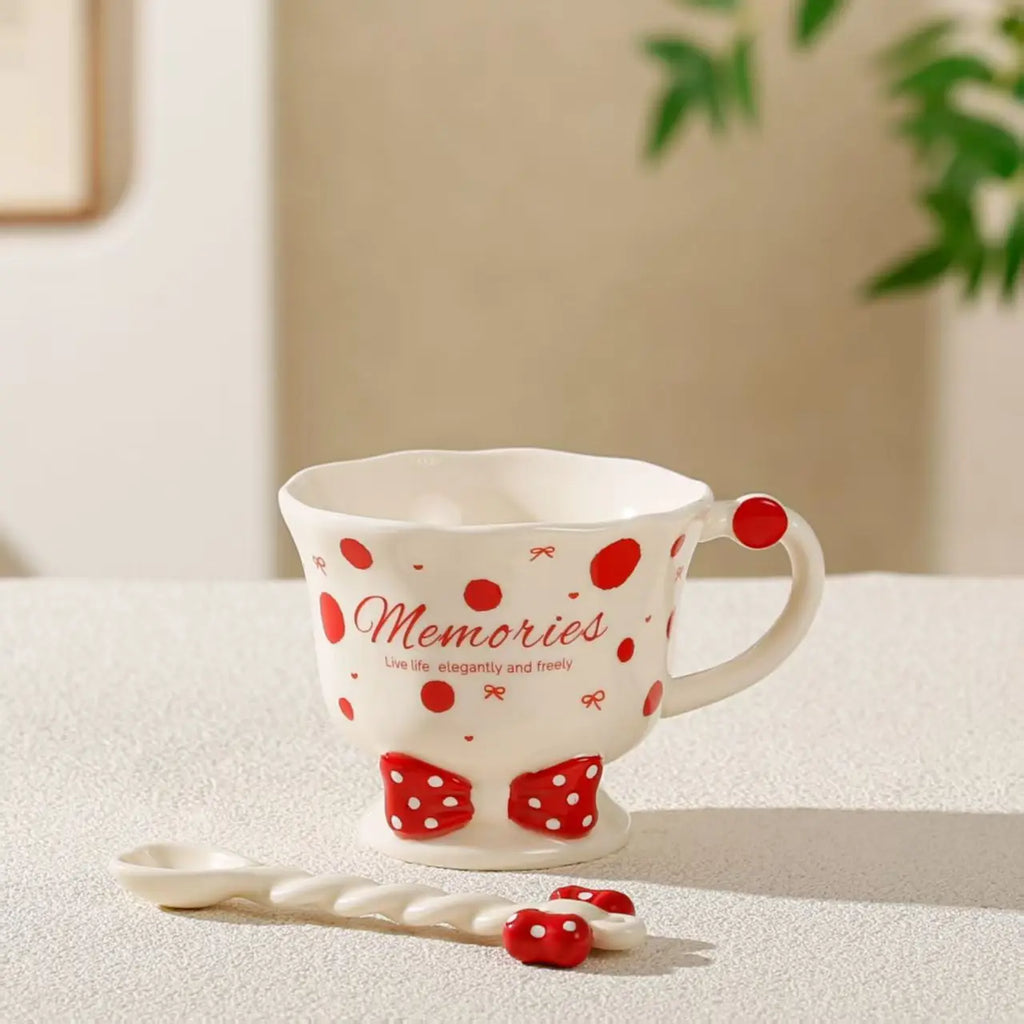Bowtie Pink Coffee Cup Korean High Beauty Girl Heart Ceramic Mug with Spoon Girl School Home Breakfast Cup Drinkware