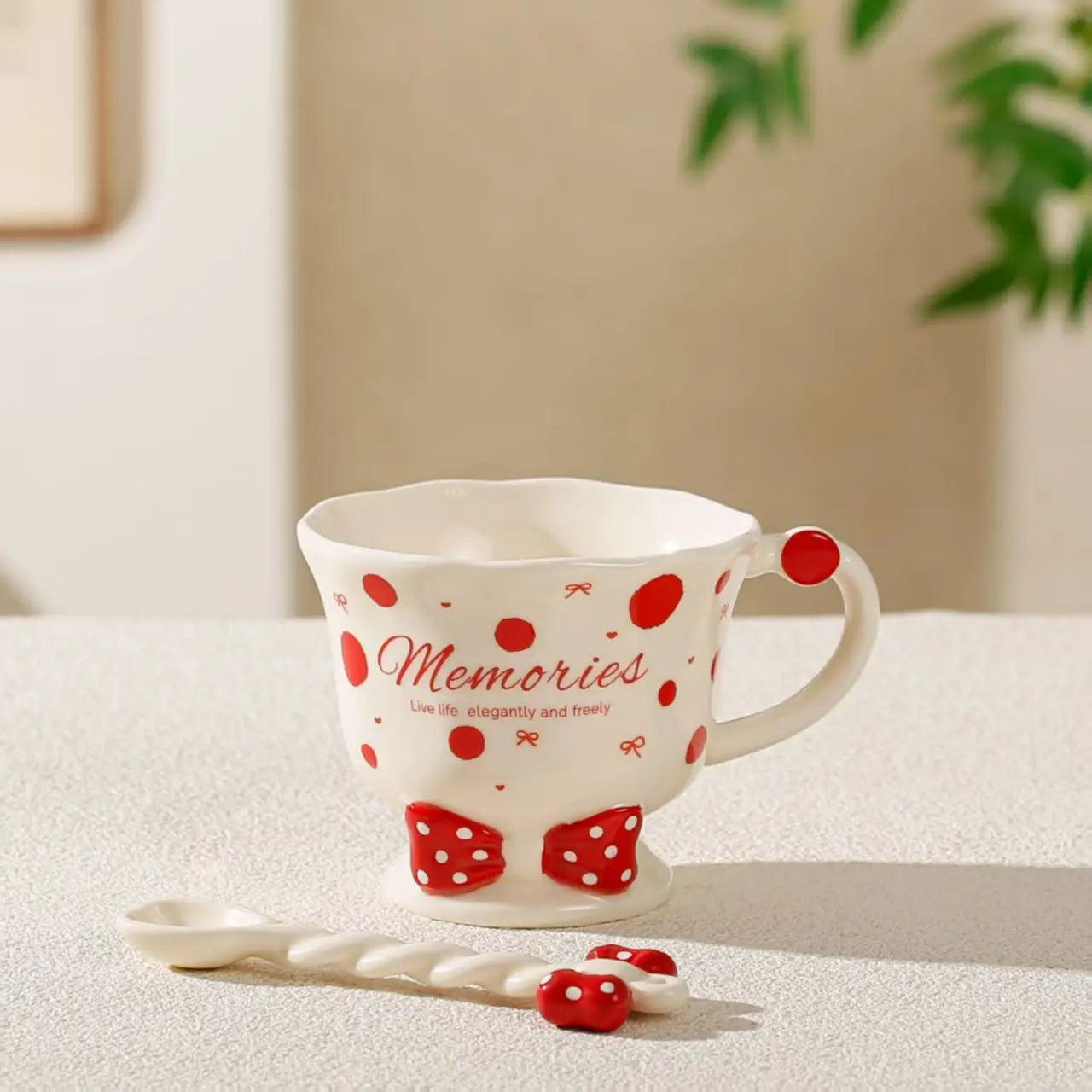 Bowtie Pink Coffee Cup Korean High Beauty Girl Heart Ceramic Mug with Spoon Girl School Home Breakfast Cup Drinkware