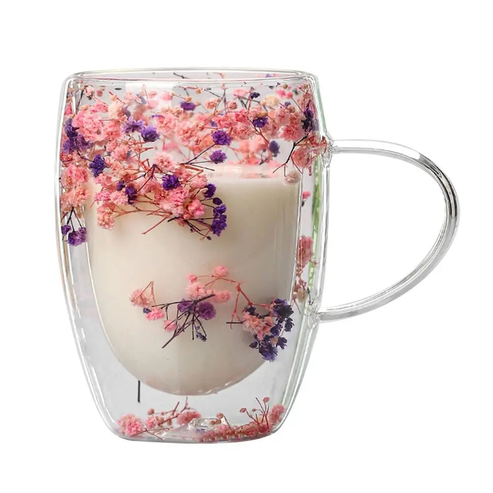 Double Wall Glass Mug with Dried Flowers - 350ml Decorative Coffee Cup