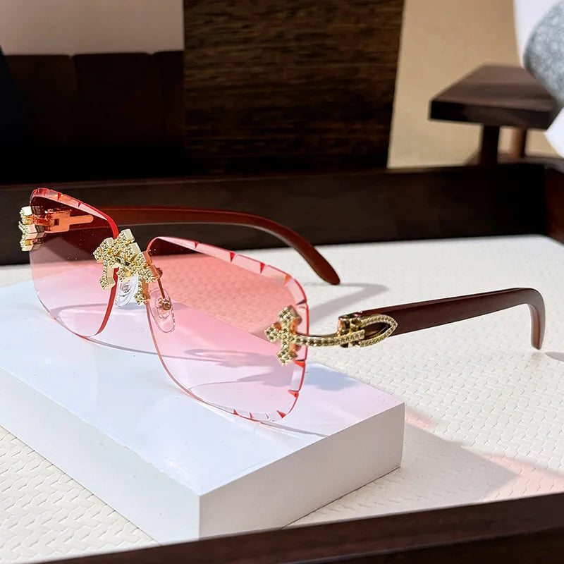 Vintage Rimless Square Cutting Lens Sunglasses Women For Men Luxury Brand Designer Popular Punk Fashion Diamond Cross Sun Glass