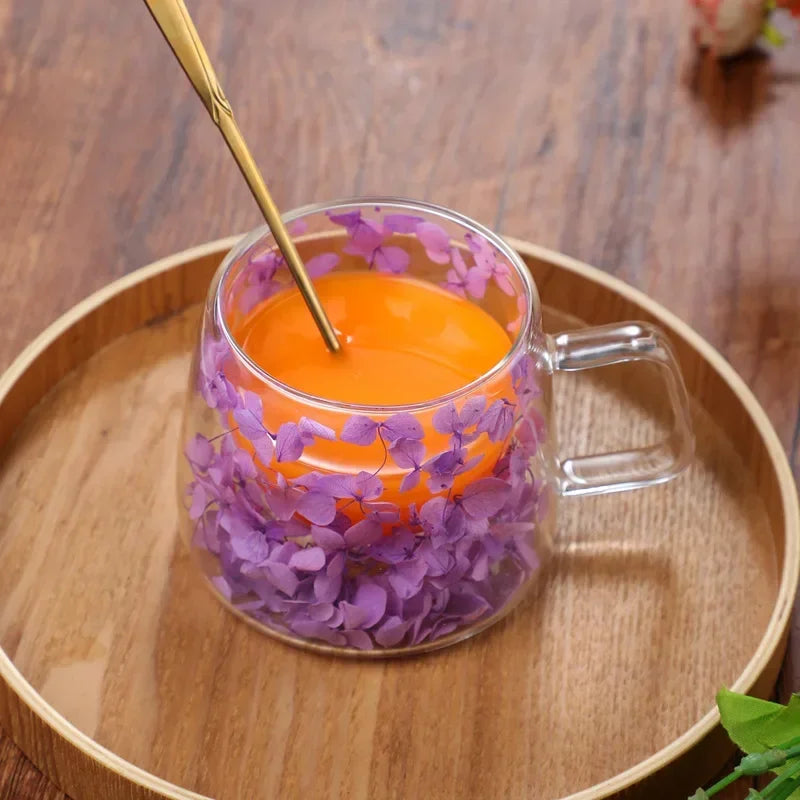 Double Wall Glass Cup 200ml Clear Flowers Pattern Milk Tea Coffee Mug with Handle Gifts Friends Home Water Cup Drinking Glasses